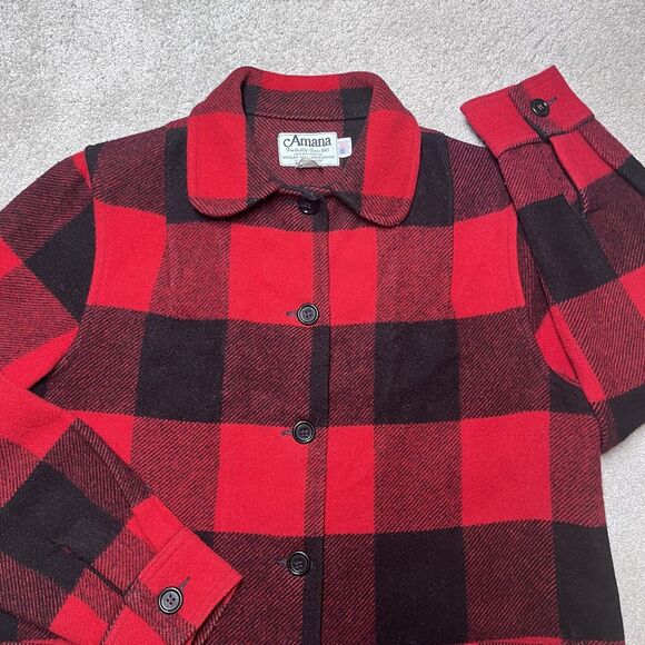 Vtg Amana Woolen Mill Womens Wool Jacket Sz 38 Med Buffalo Plaid Red Black Chore - Picture 2 of 8